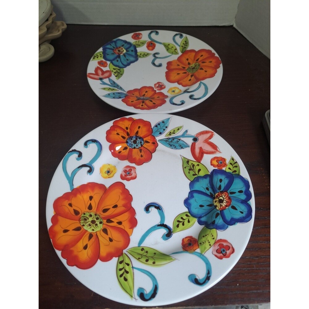 Set Of 2 1990s Laurie Gates Wildflower Vibrant Floral Ceramic 8.5in Dinner Plate